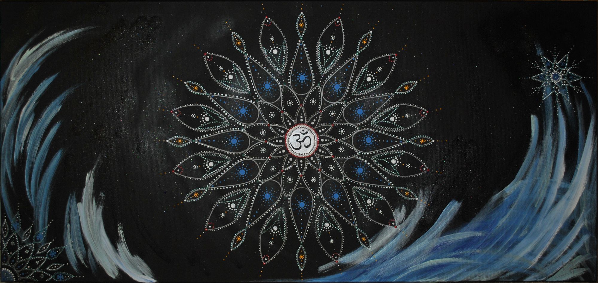 Painted mandala for water signs in blue and silver tones. Large central with a namaste sign, two smaller mandalas on the sides
Signed
