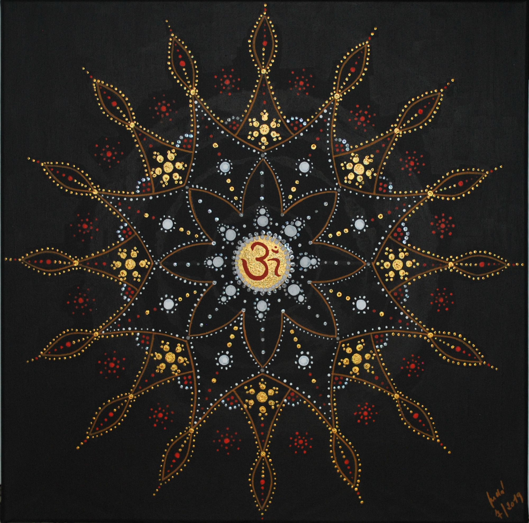 Golden mandala on a black background, in the middle of the Namaste sign.
Technique: acrylic on canvas.
Signed

