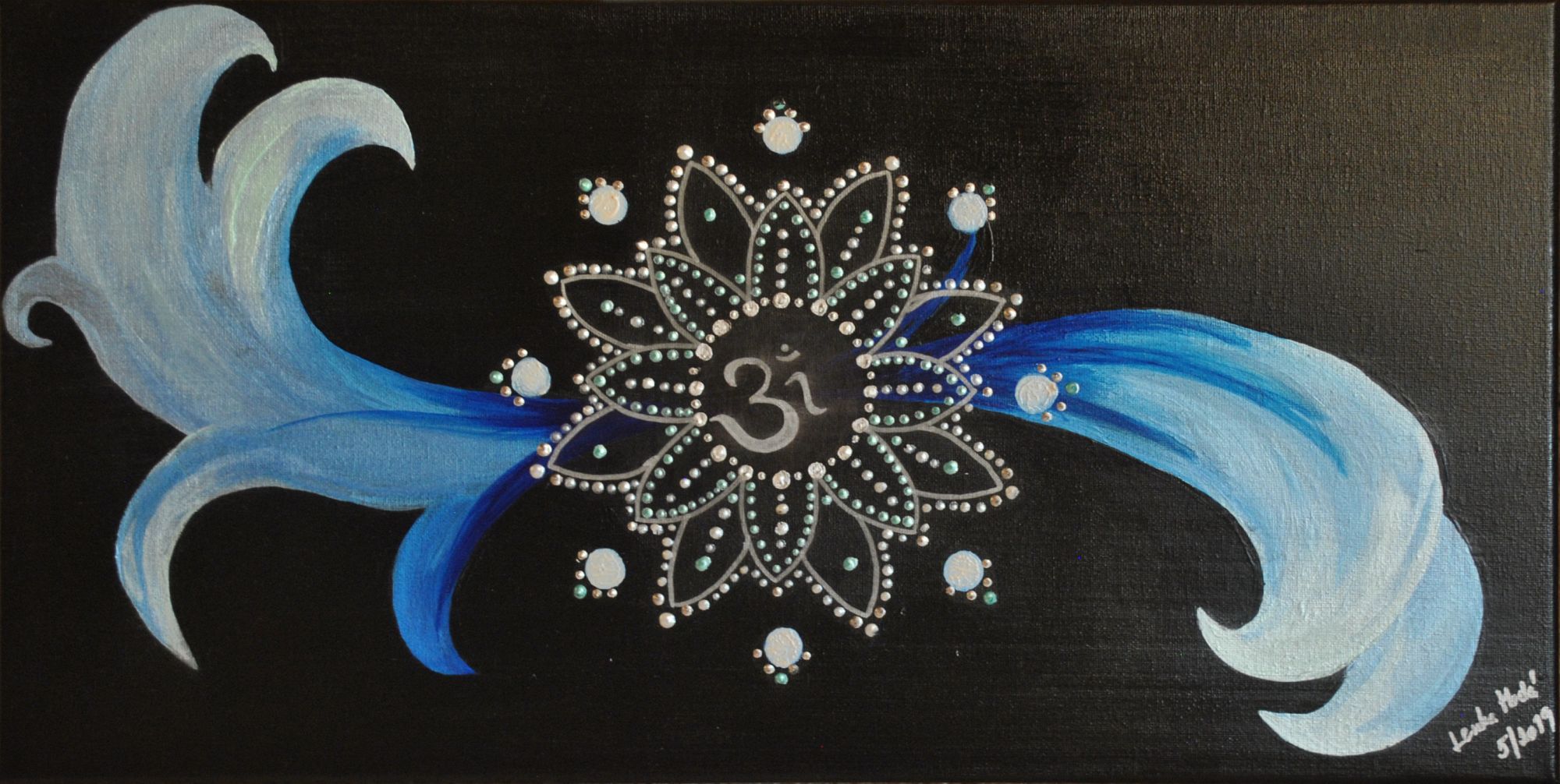 A small blue mandala with a namaste sign, completed with abstraction
Signed

